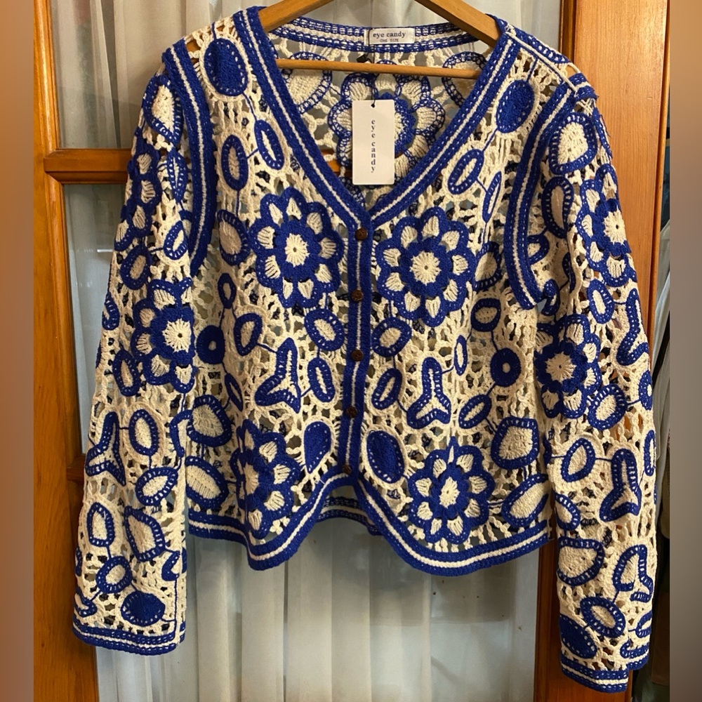 Eye Candy OS Blue and White Crochet Cardigan. Precious - New- One Size
